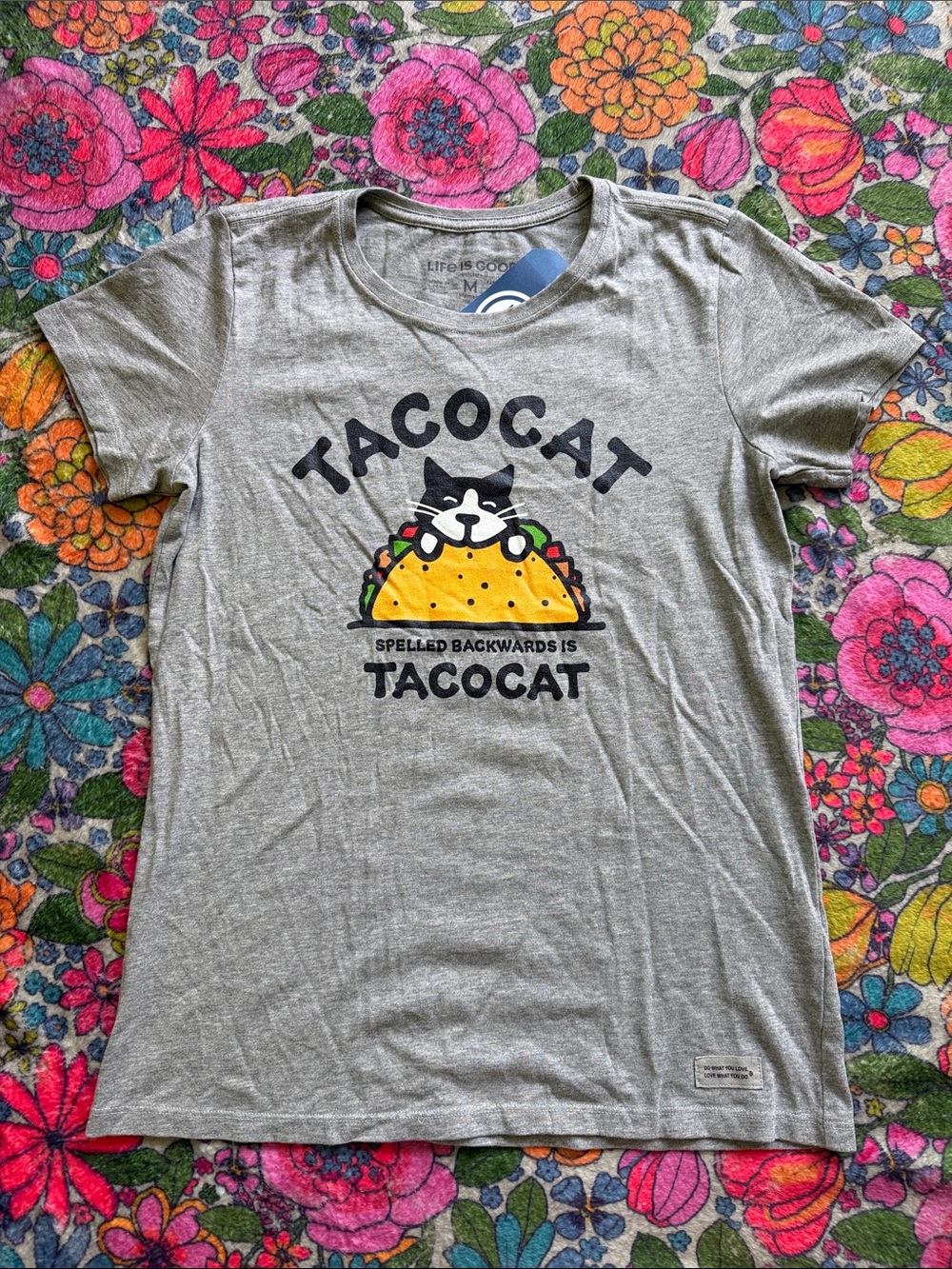 NWT women’s size M Life Is Good s/s grey Tacocat tee